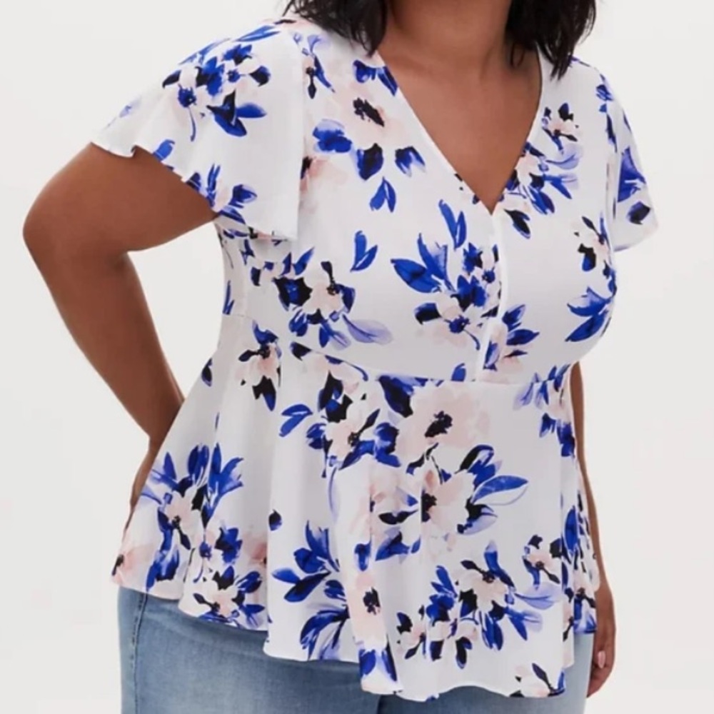 Torrid- white with blue and pink floral blouse